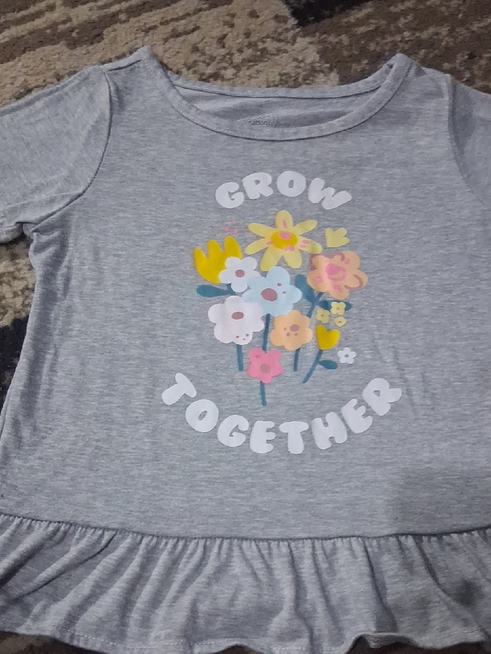 Girls' Gray Floral "Grow Together" Ruffle Hem Top